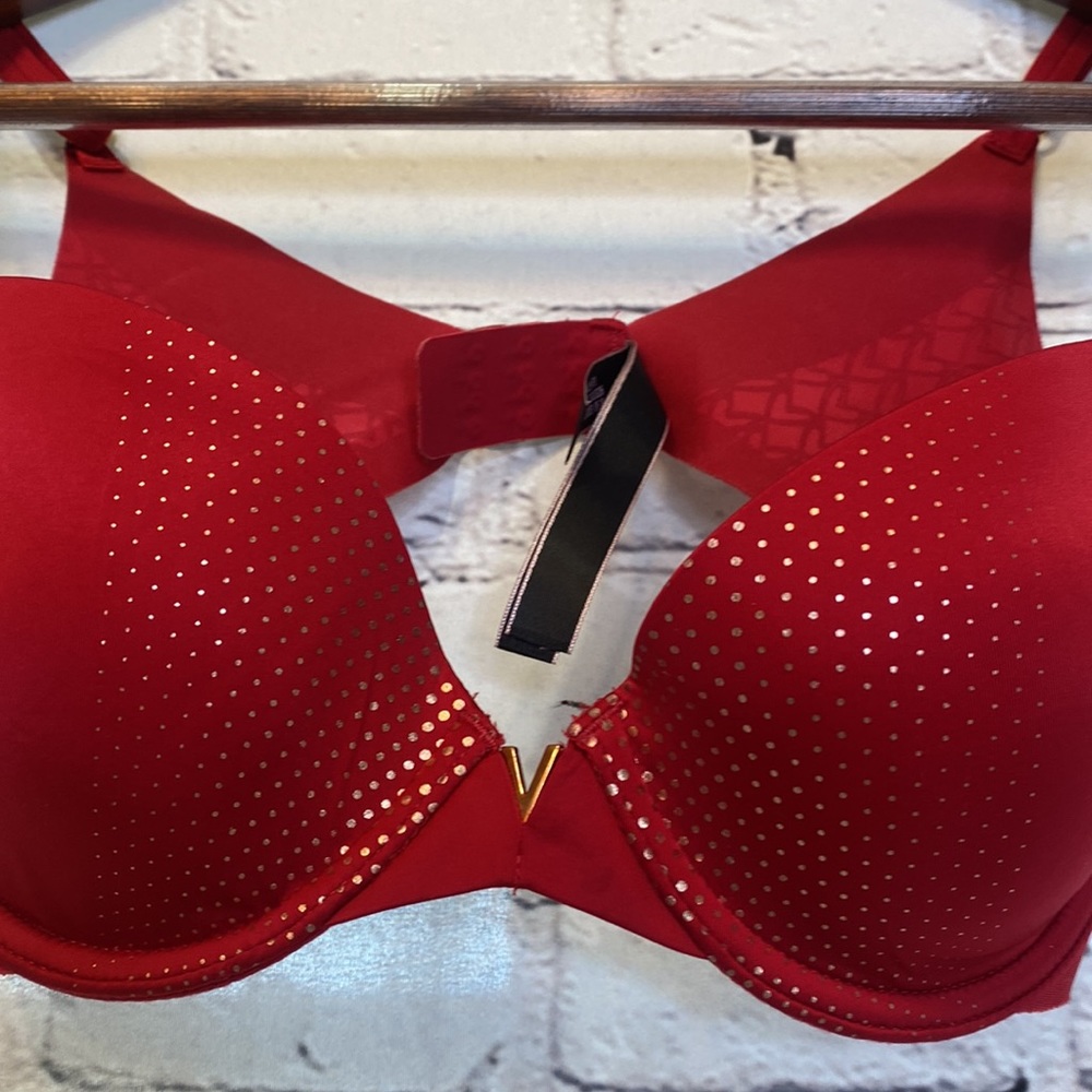 Victoria's Secret Red Gold Dot Underwire Padded Bra Size 32C Excellent Condition - Picture 5 of 10